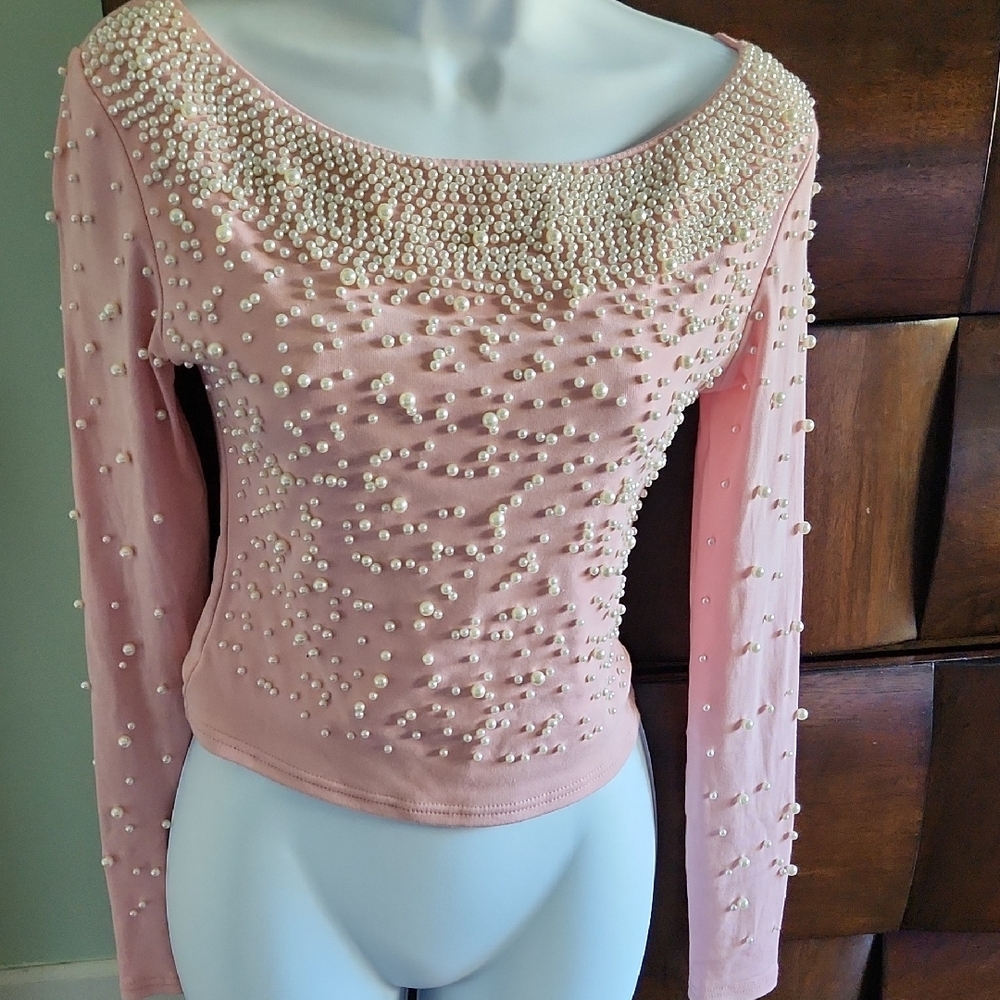 Elegant Pink Pearl-Embellished Women's Top